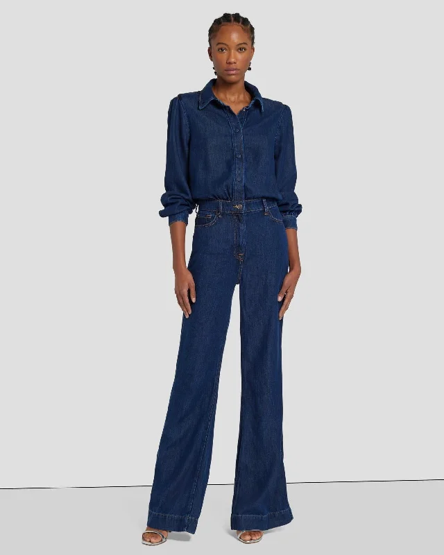 Denim Lustre Long Sleeve Jumpsuit in Poppy