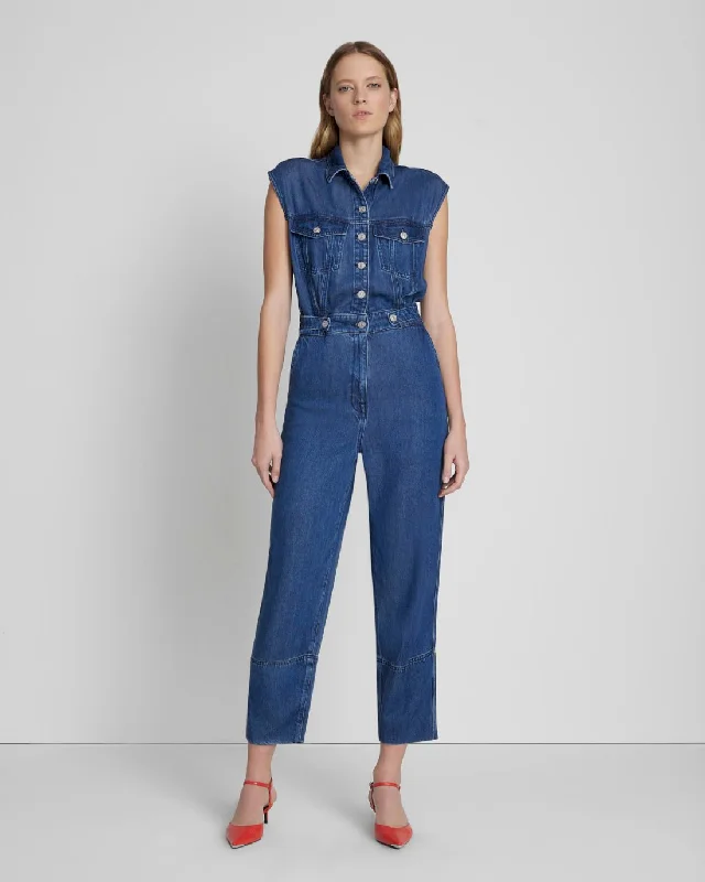 Denim Lustre Sleeveless Balloon Jumpsuit in Dark Indigo